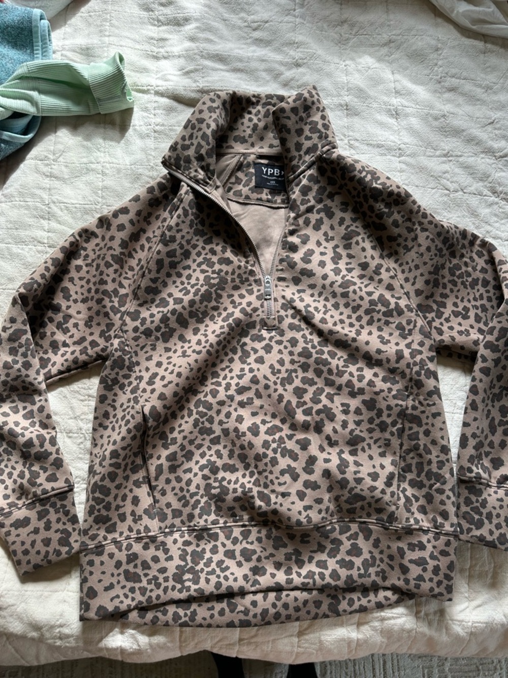 YPB Women's Tan Leopard Half-Zip Pullover